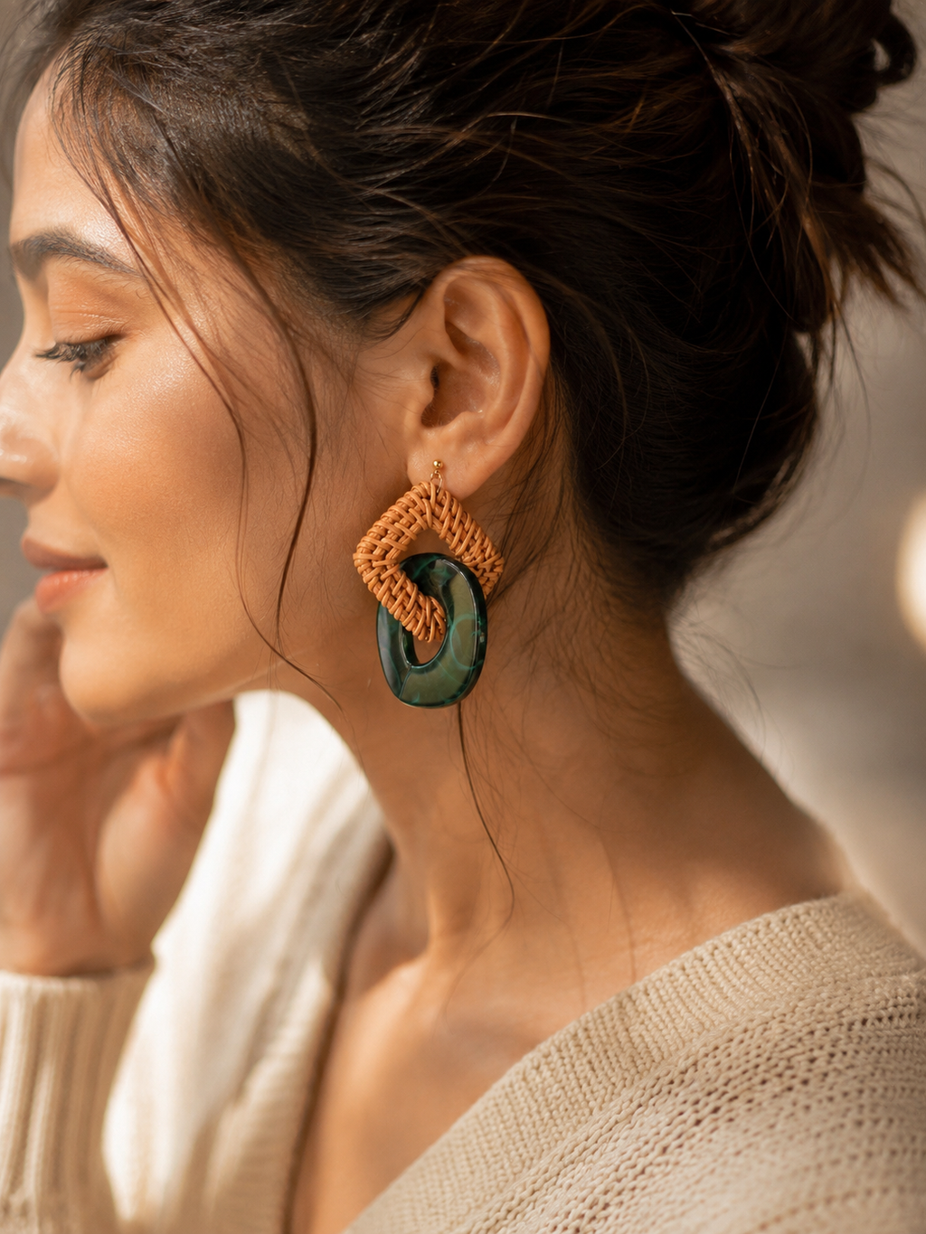 Handwoven Rattan & Emerald Resin Statement Earrings- Made in Japan