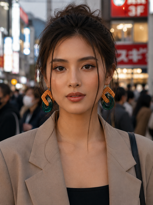 Handwoven Rattan & Emerald Resin Statement Earrings- Made in Japan