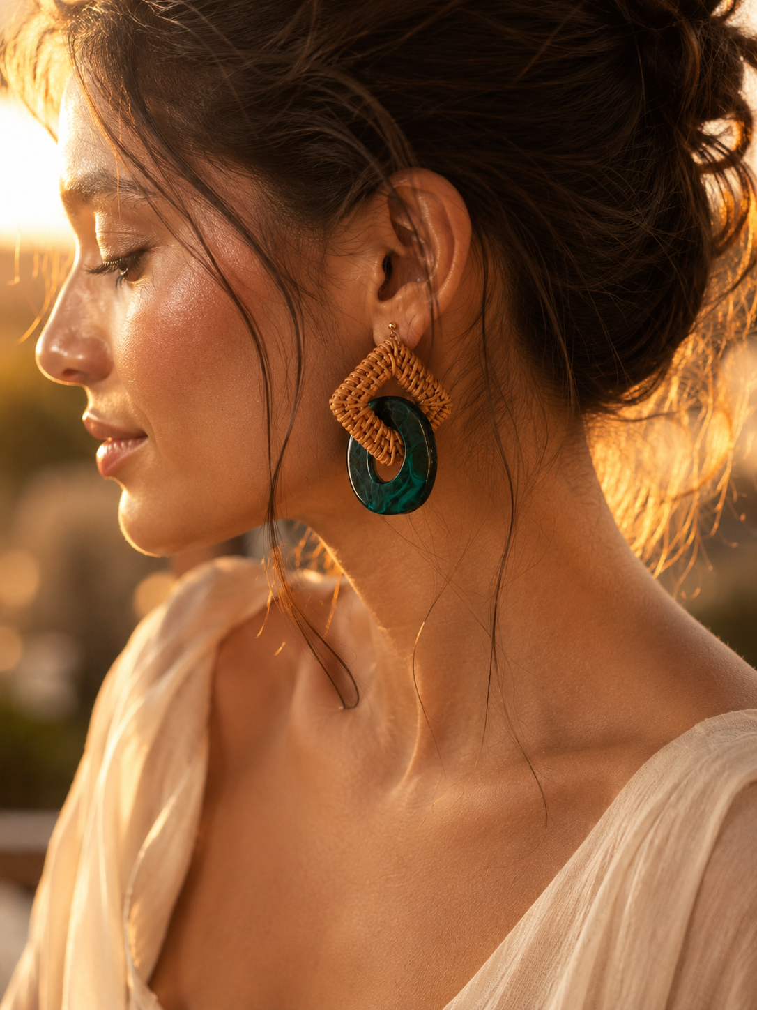 Handwoven Rattan & Emerald Resin Statement Earrings- Made in Japan