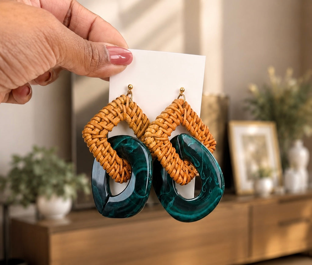 Handwoven Rattan & Emerald Resin Statement Earrings- Made in Japan