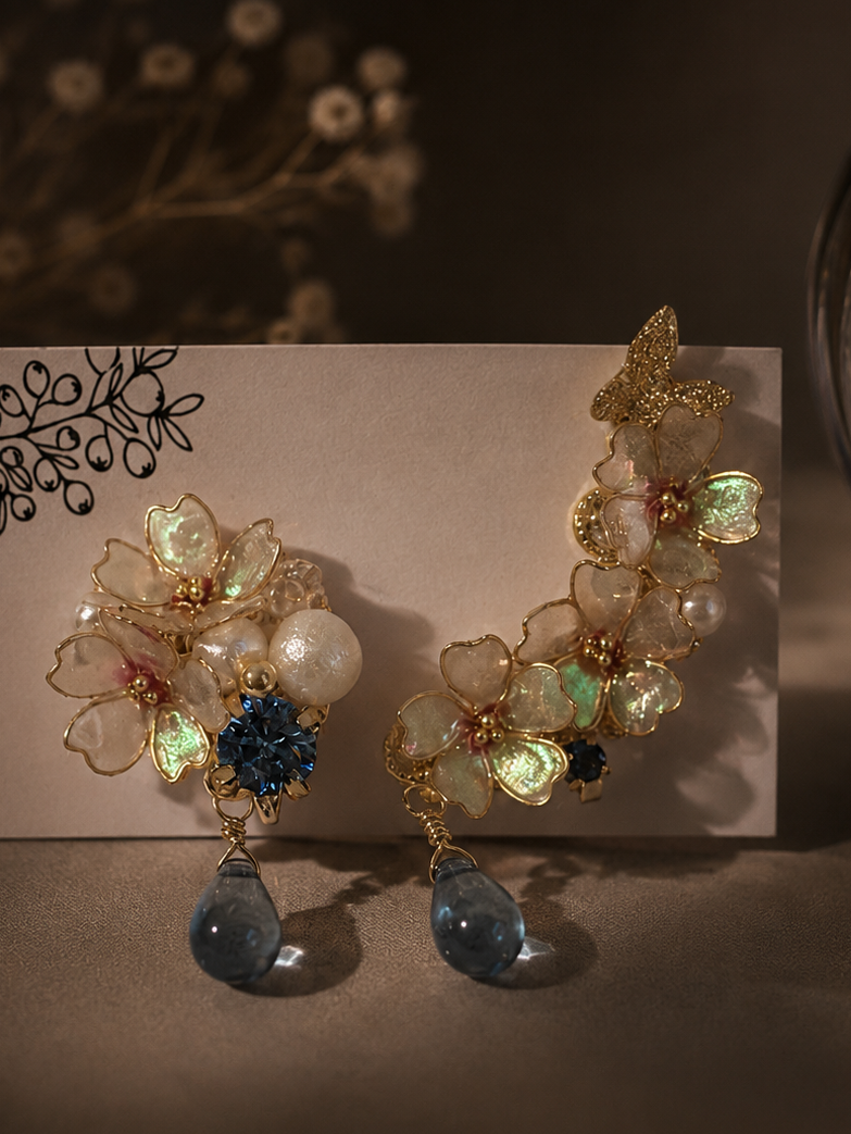 Asymmetric Floral Earrings- Made in Japan