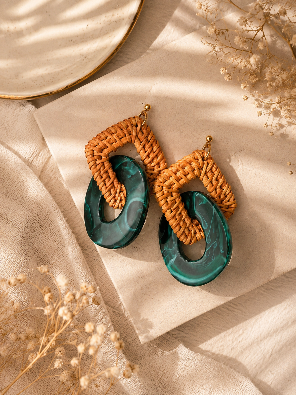 Handwoven Rattan & Emerald Resin Statement Earrings- Made in Japan