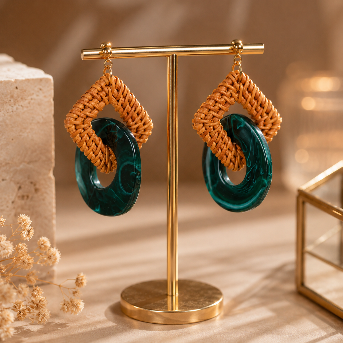 Handwoven Rattan & Emerald Resin Statement Earrings- Made in Japan
