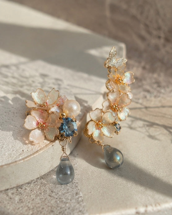 Asymmetric Floral Earrings- Made in Japan