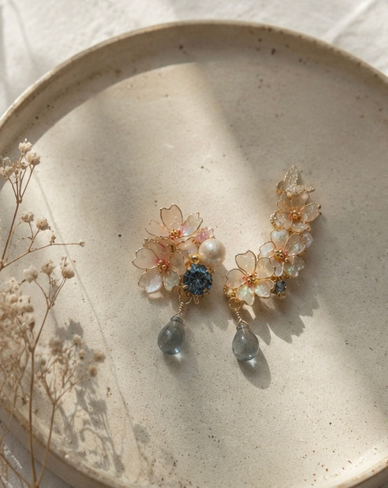 Asymmetric Floral Earrings- Made in Japan