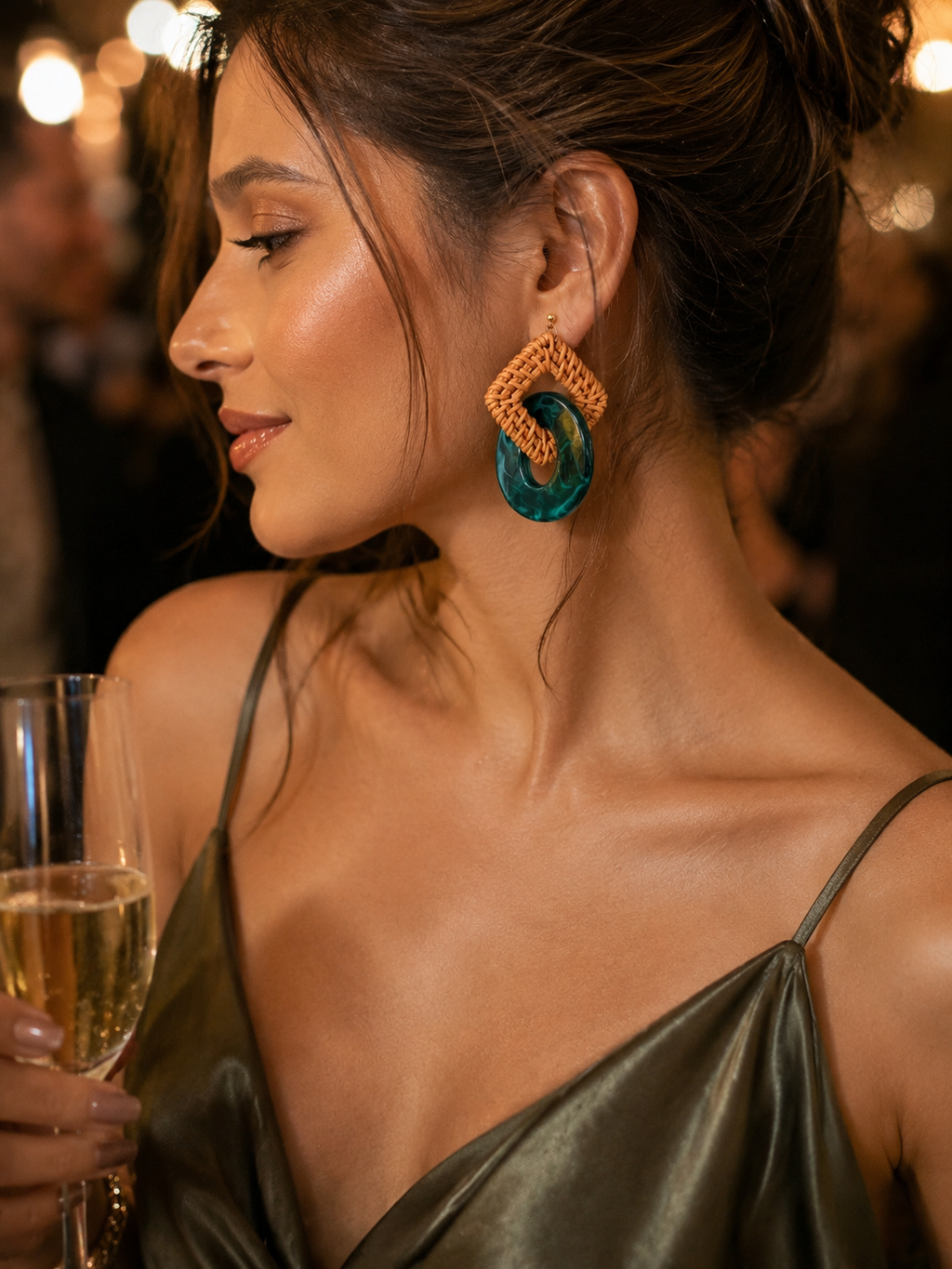 Handwoven Rattan & Emerald Resin Statement Earrings- Made in Japan