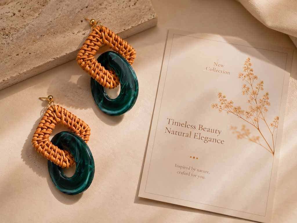 Handwoven Rattan & Emerald Resin Statement Earrings- Made in Japan