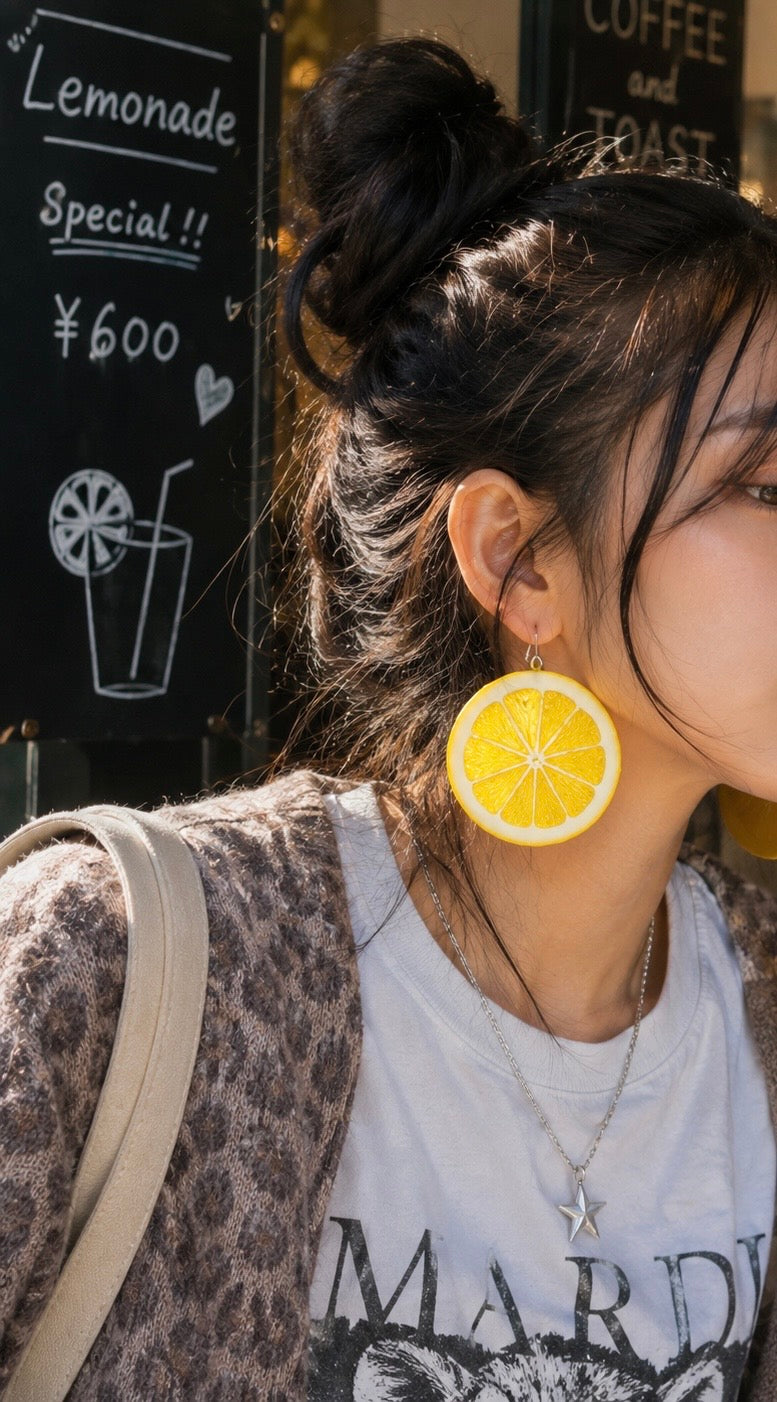Trend- forward playful Large lemon slice earrings- Made in Japan