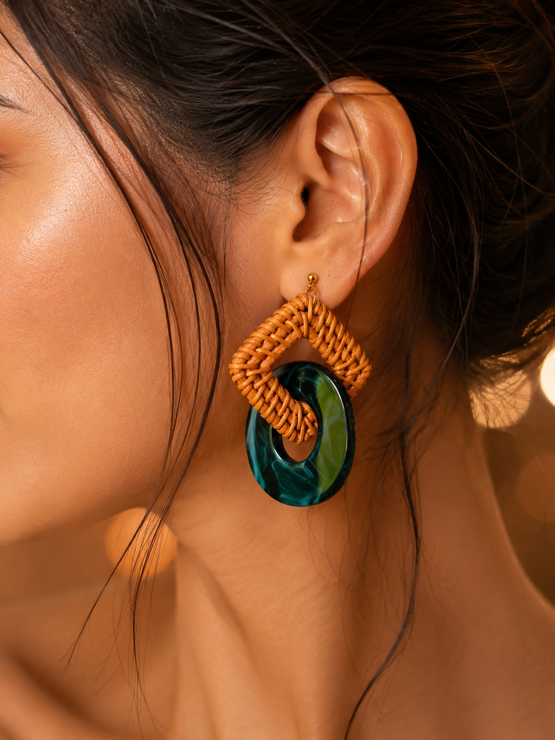 Handwoven Rattan & Emerald Resin Statement Earrings- Made in Japan