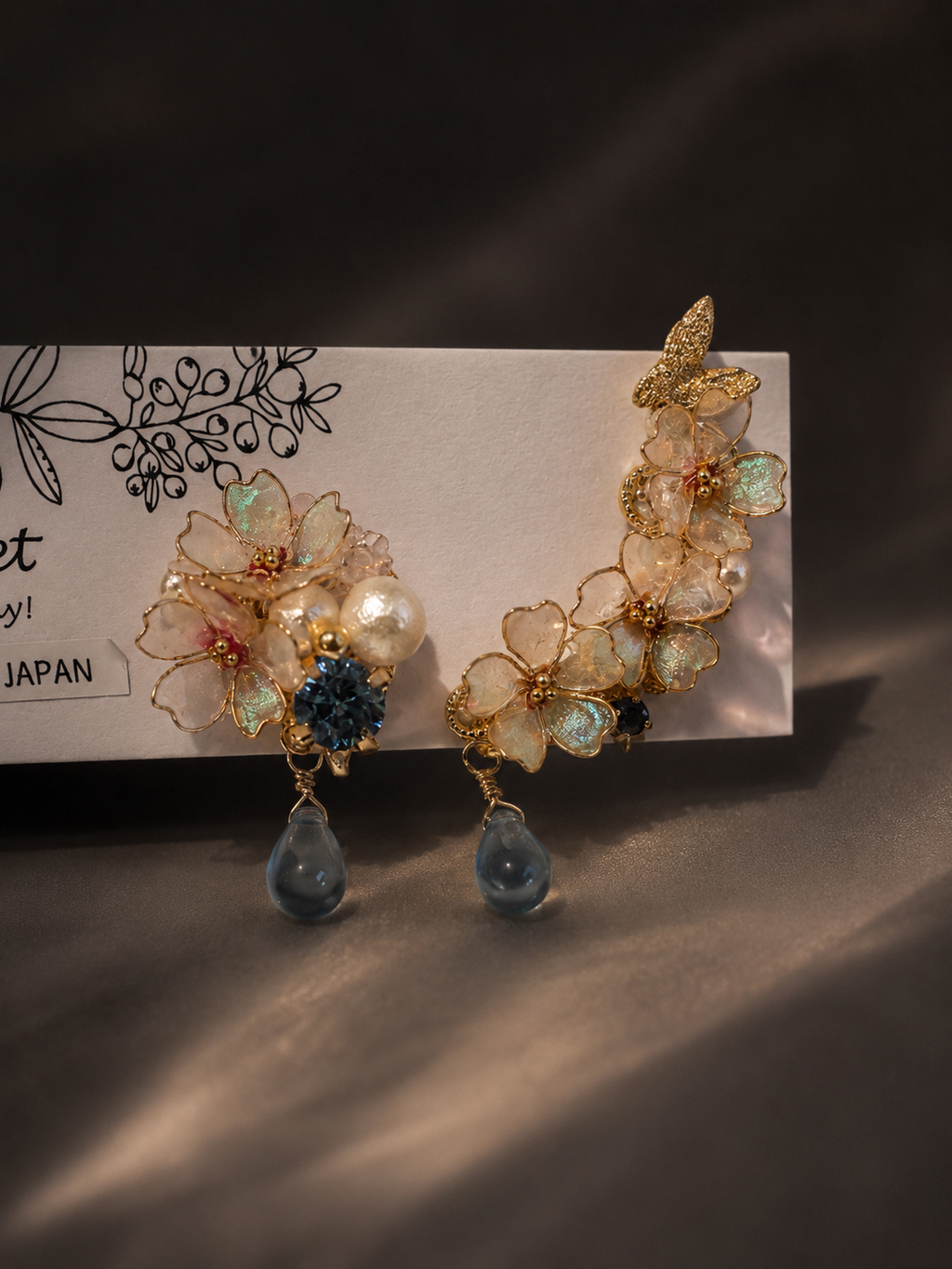 Asymmetric Floral Earrings- Made in Japan