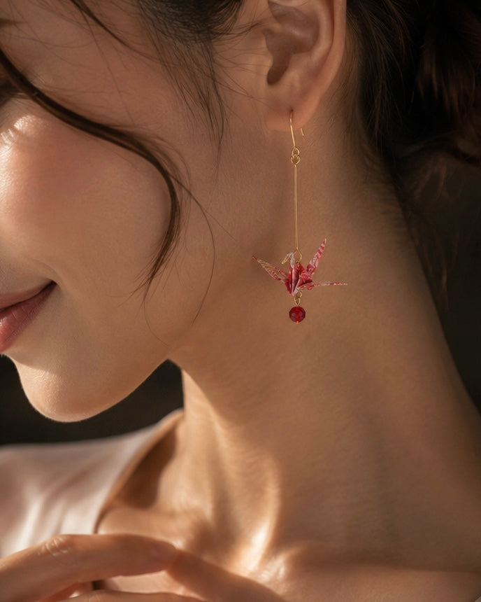 Origami crane earrings- Red origami cranes- Made in Japan