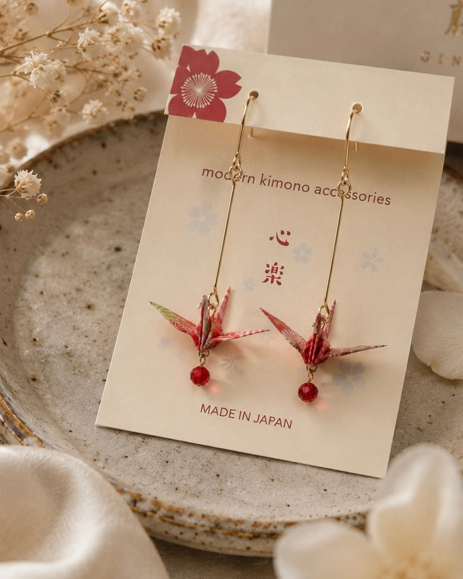 Origami crane earrings- Red origami cranes- Made in Japan